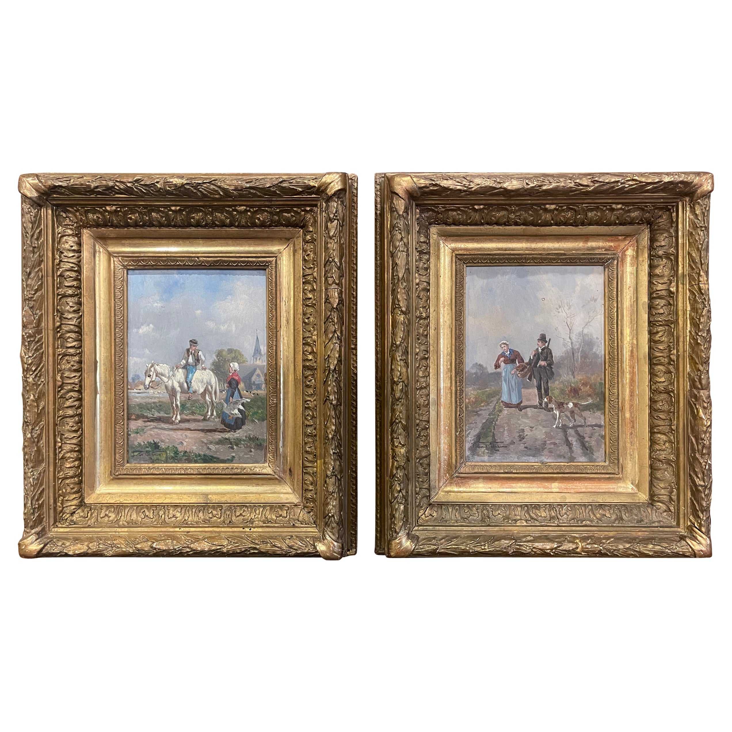 Pair of 19th Century French Signed Pastoral Paintings in Carved Giltwood Frames For Sale