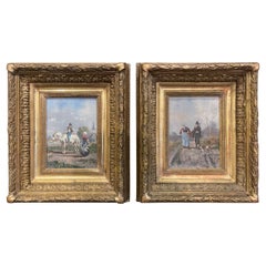 Paire de peintures pastorales françaises du 19ème siècle signées dans des cadres en bois doré sculpté