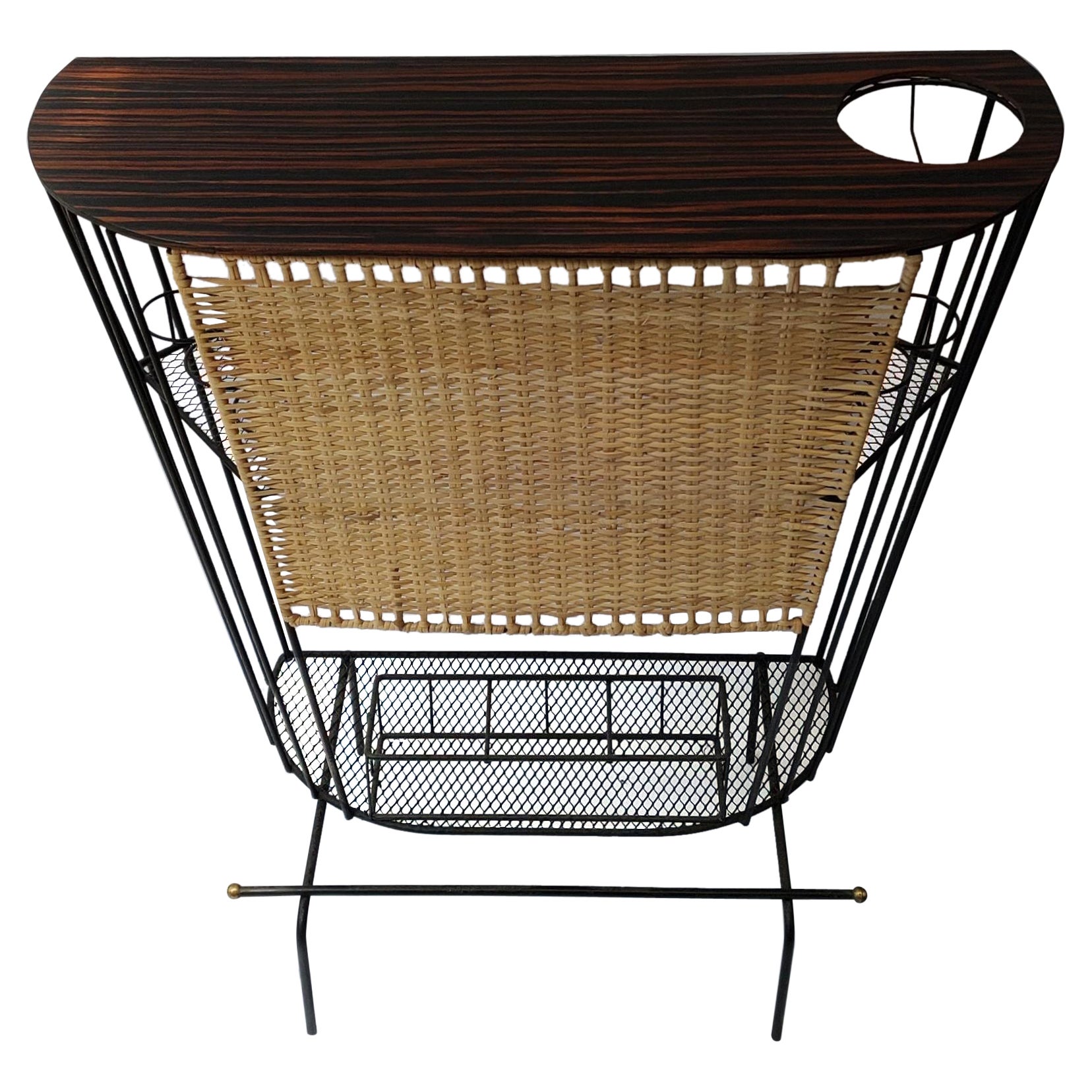 Mid Century Modern Wrought Iron wicker and wood Compact Bar by Tony Paul For Sale