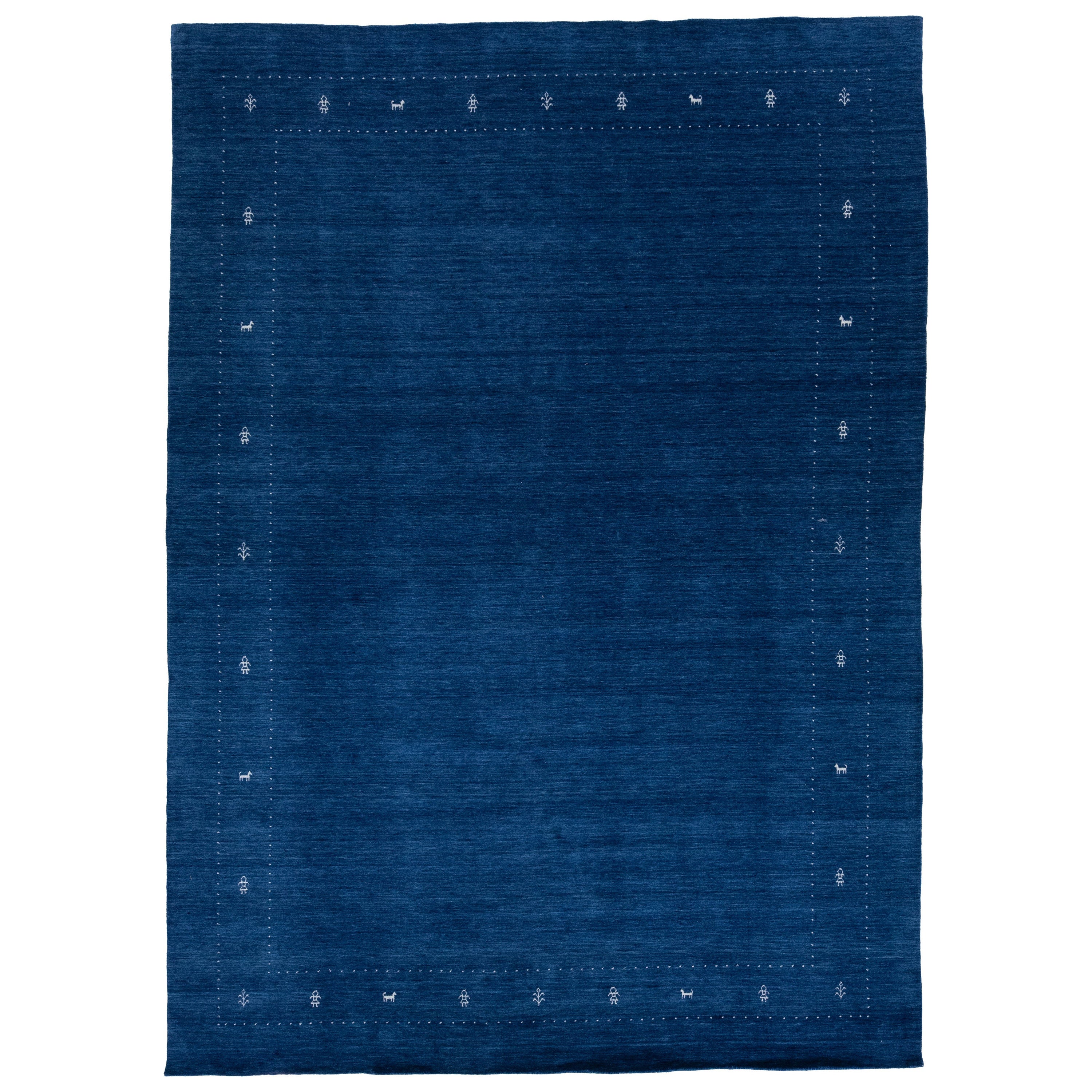 Modern Hand-Loomed Minimalist Gabbeh Wool Rug In Blue