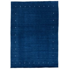 Modern Hand-Loomed Minimalist Gabbeh Wool Rug In Blue