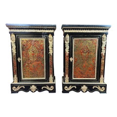 Pair of French Napoleon III Boulle Cabinets with Ormolu Mounts and Marble Tops