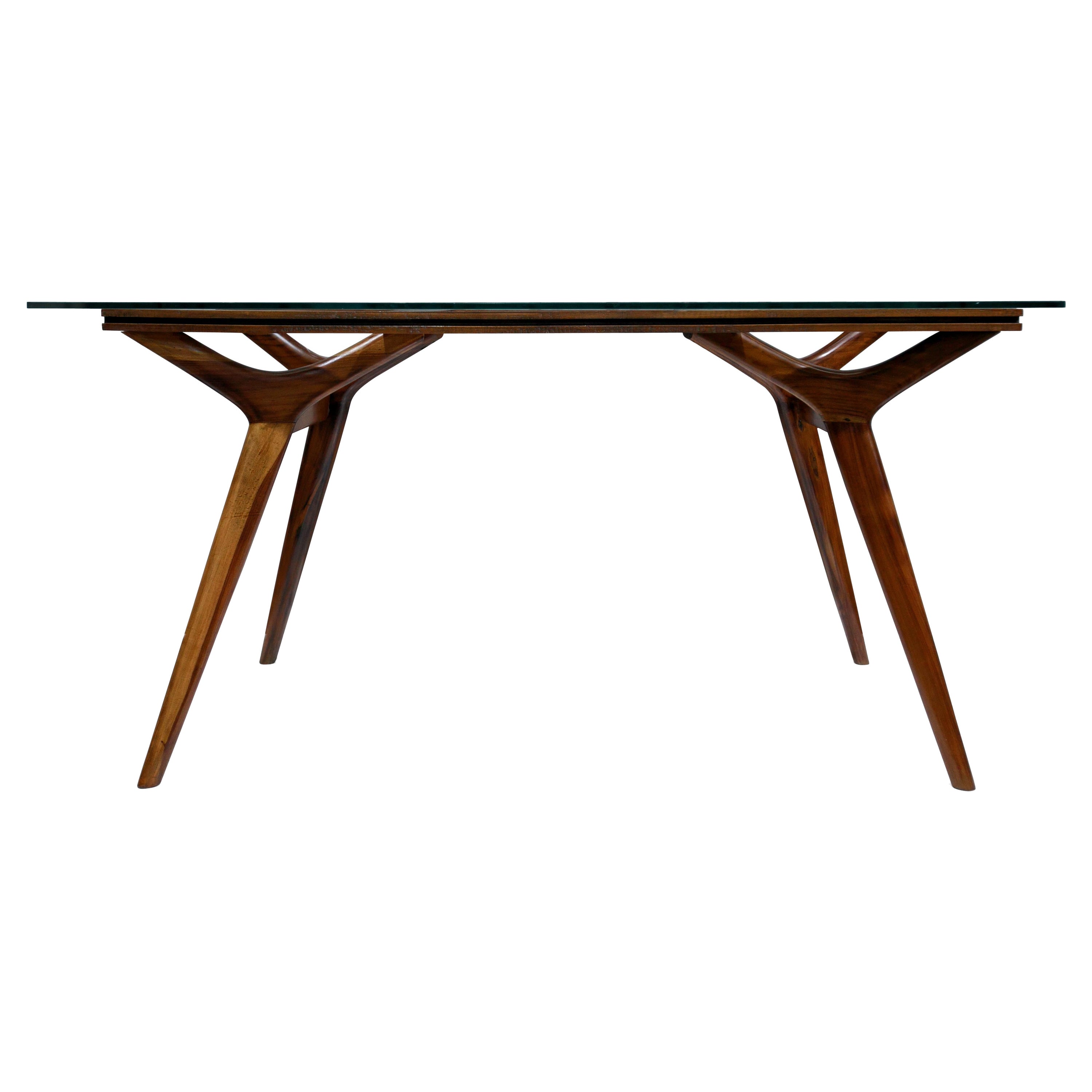 Table de salle à manger en bois dur et verre Caviuna de Forma Brazil, années 1960