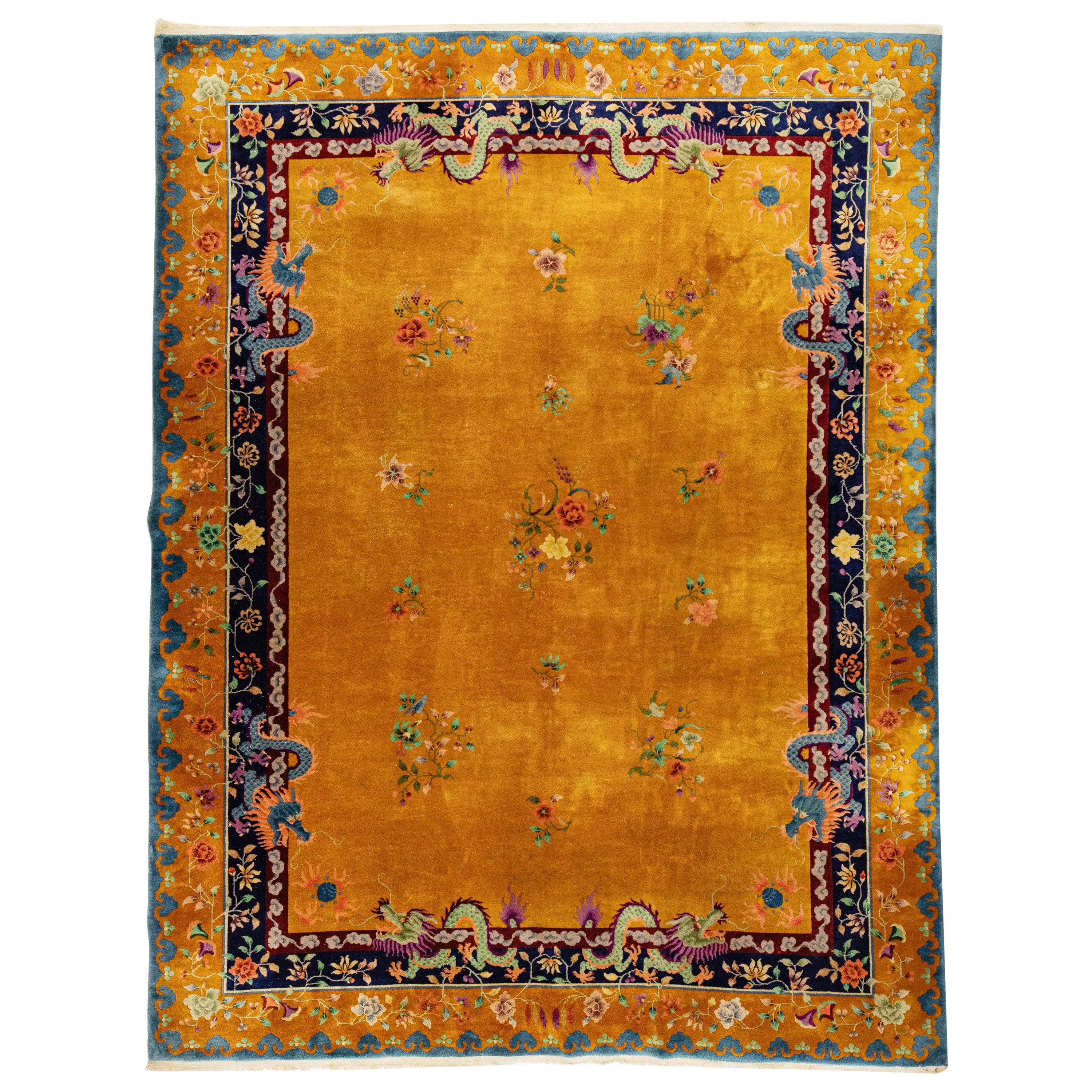 Antique Floral Chinese Art Deco Handmade Wool Rug with Goldenrod Color ...