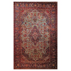 Vintage Persian Kashan Area Rug in Floral Pattern in Turquoise Color