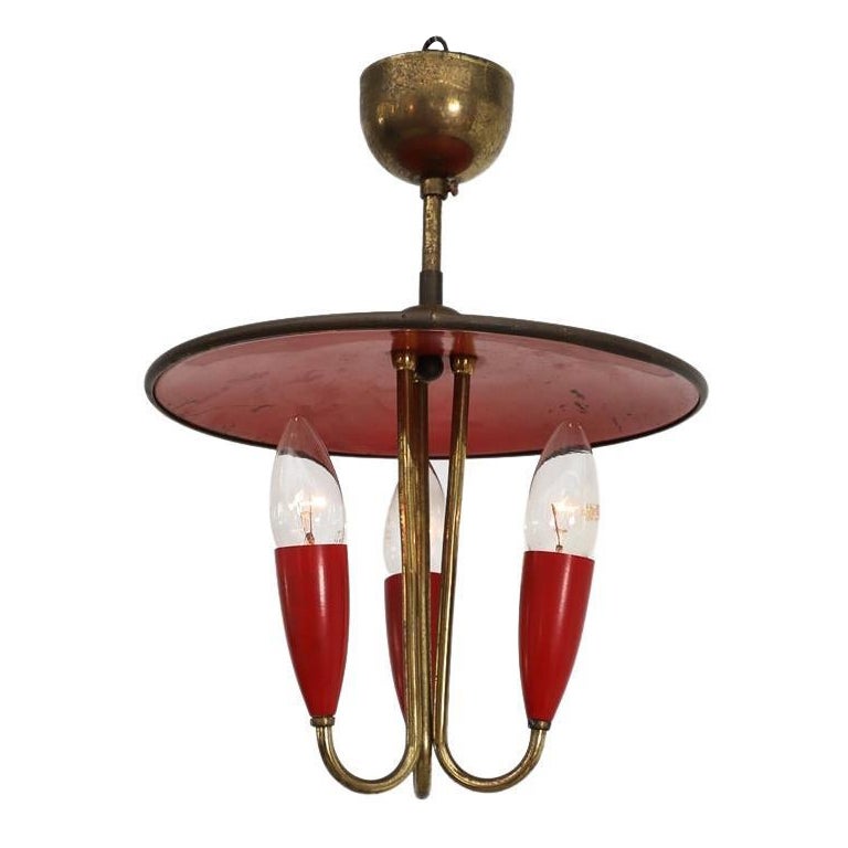 Small 1950's Stilnovo Style Red Enameled Metal & Brass Triple Chandelier