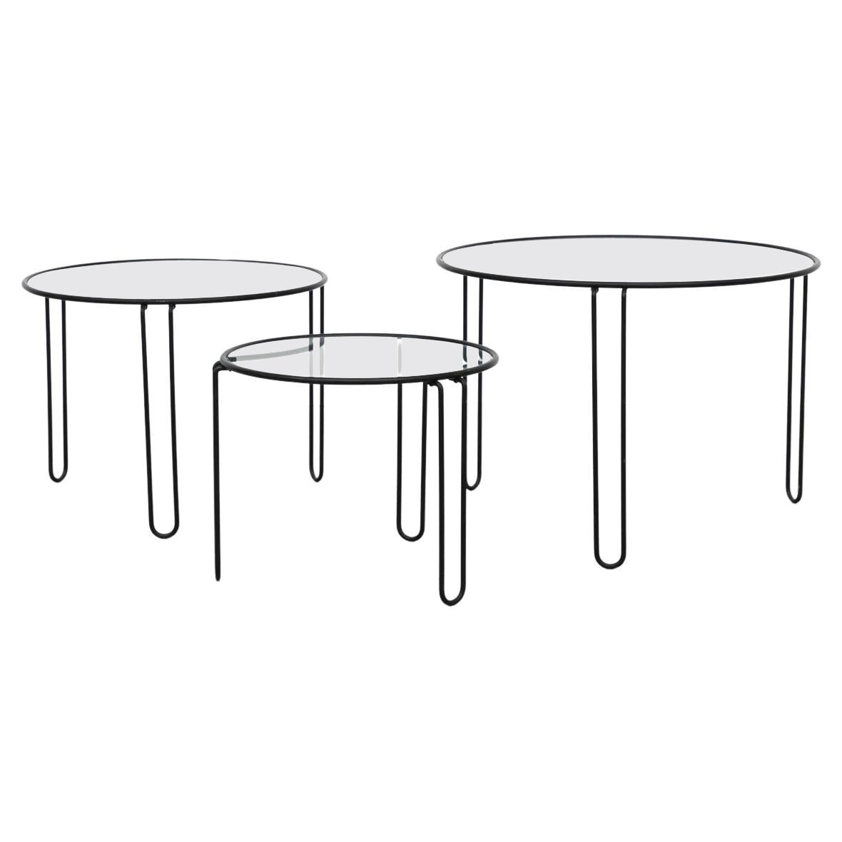 Set of 3 Mid-Century Modernist Black Wire Frame and Glass Topped Nesting Tables For Sale