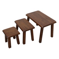 Brutalist Pierre Chapo Style Dark Oak Nesting Tables with Clipped Corners
