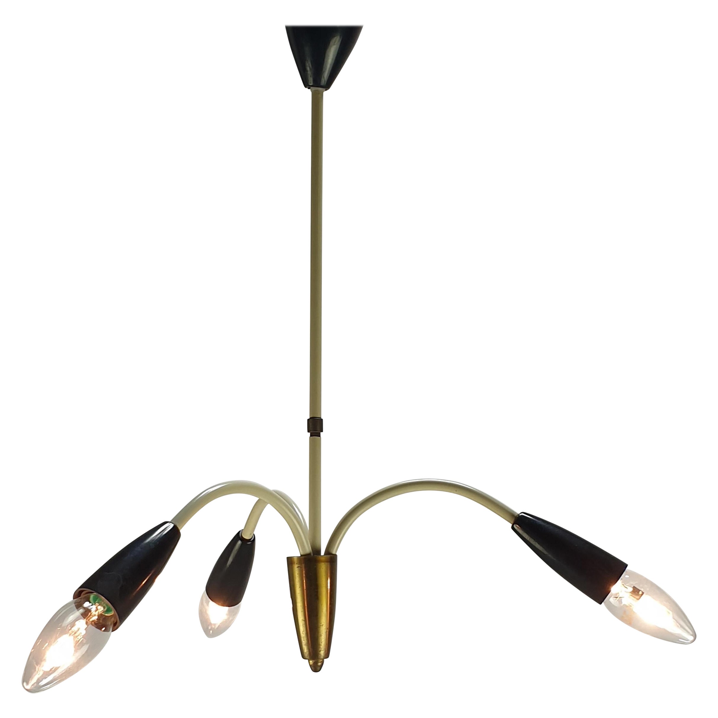 Mid Century Italian 3 Armed Chandelier with Brass, 1960s For Sale