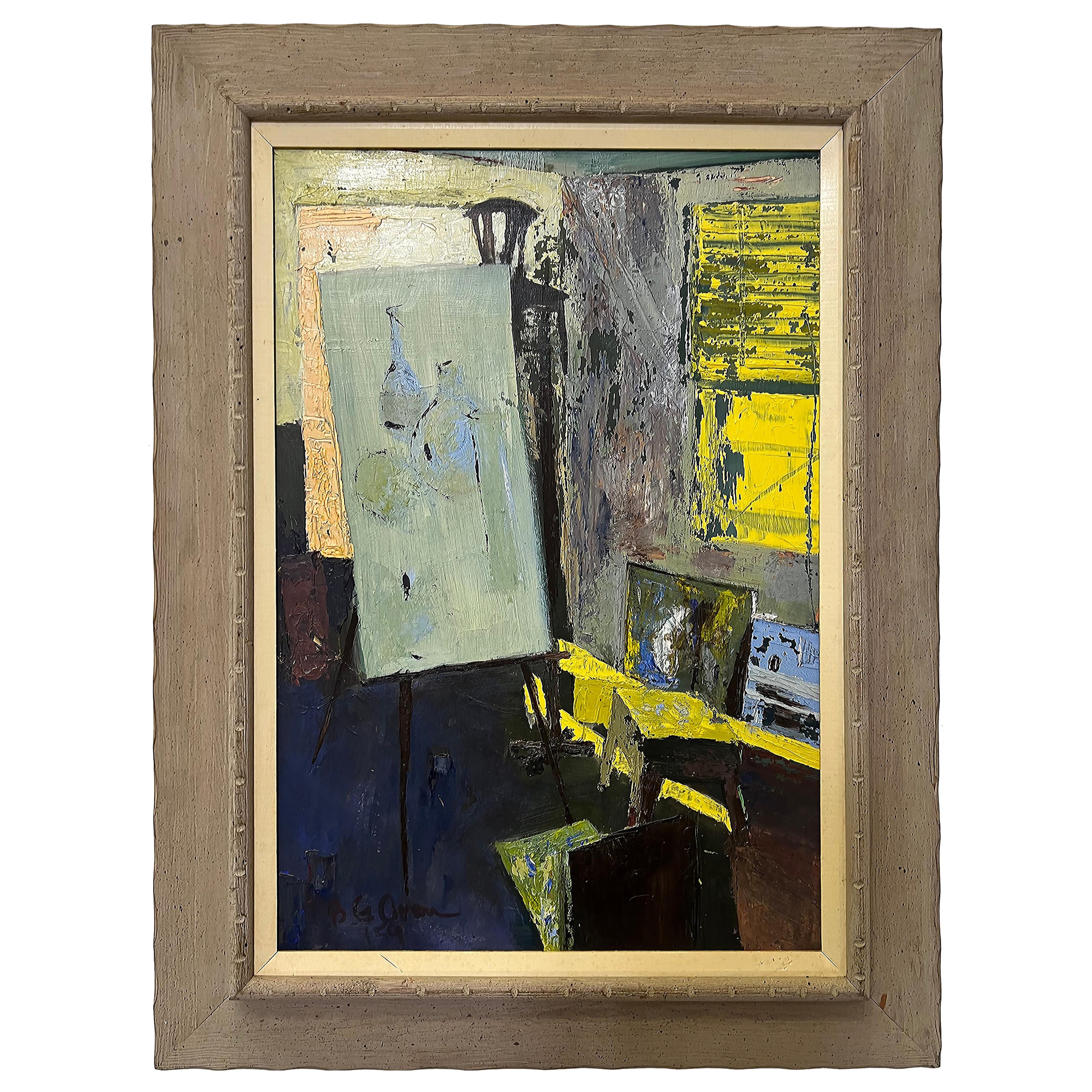 1959 I. G. Orem Peinture à l'huile abstraite et moderne du milieu du siècle représentant son Studio