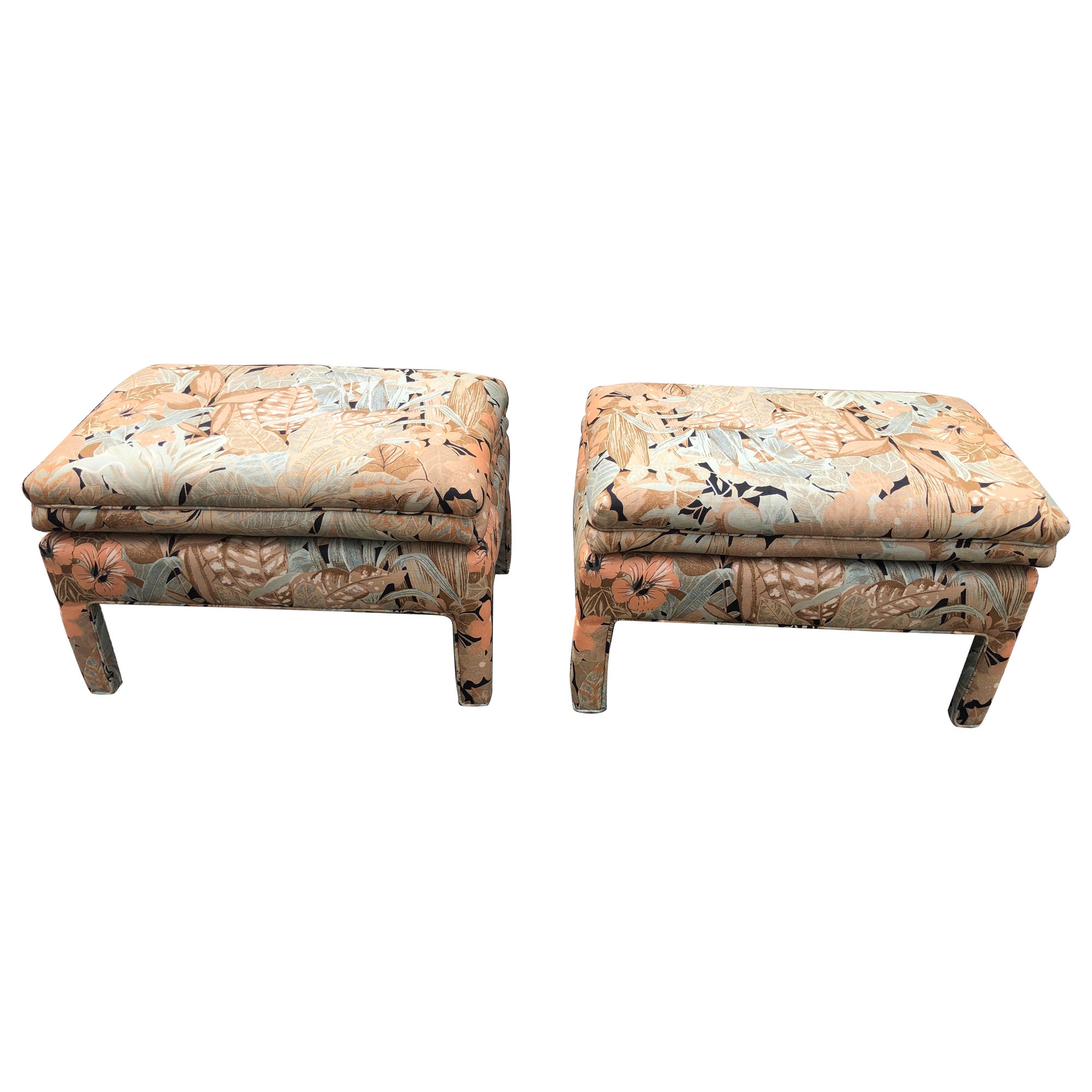 Fantastic Pair Upholstered Floral Linen Ottoman For Sale