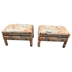 Fantastic Pair Upholstered Floral Linen Ottoman