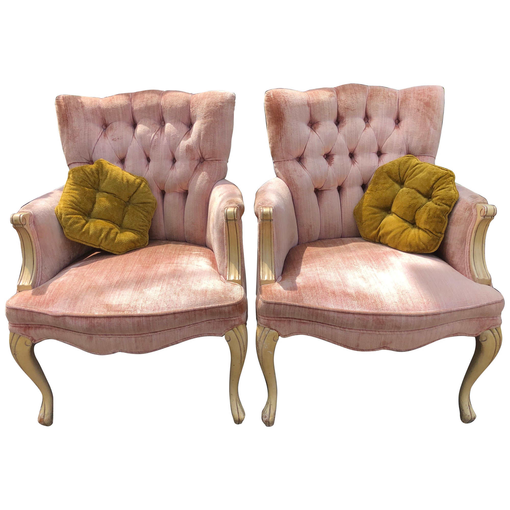 Lovely Pair Tufted French Provincial Style Upholstered Arm Chairs Hollywood  For Sale
