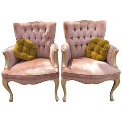 Lovely Pair Tufted French Provincial Style Upholstered Arm Chairs Hollywood 