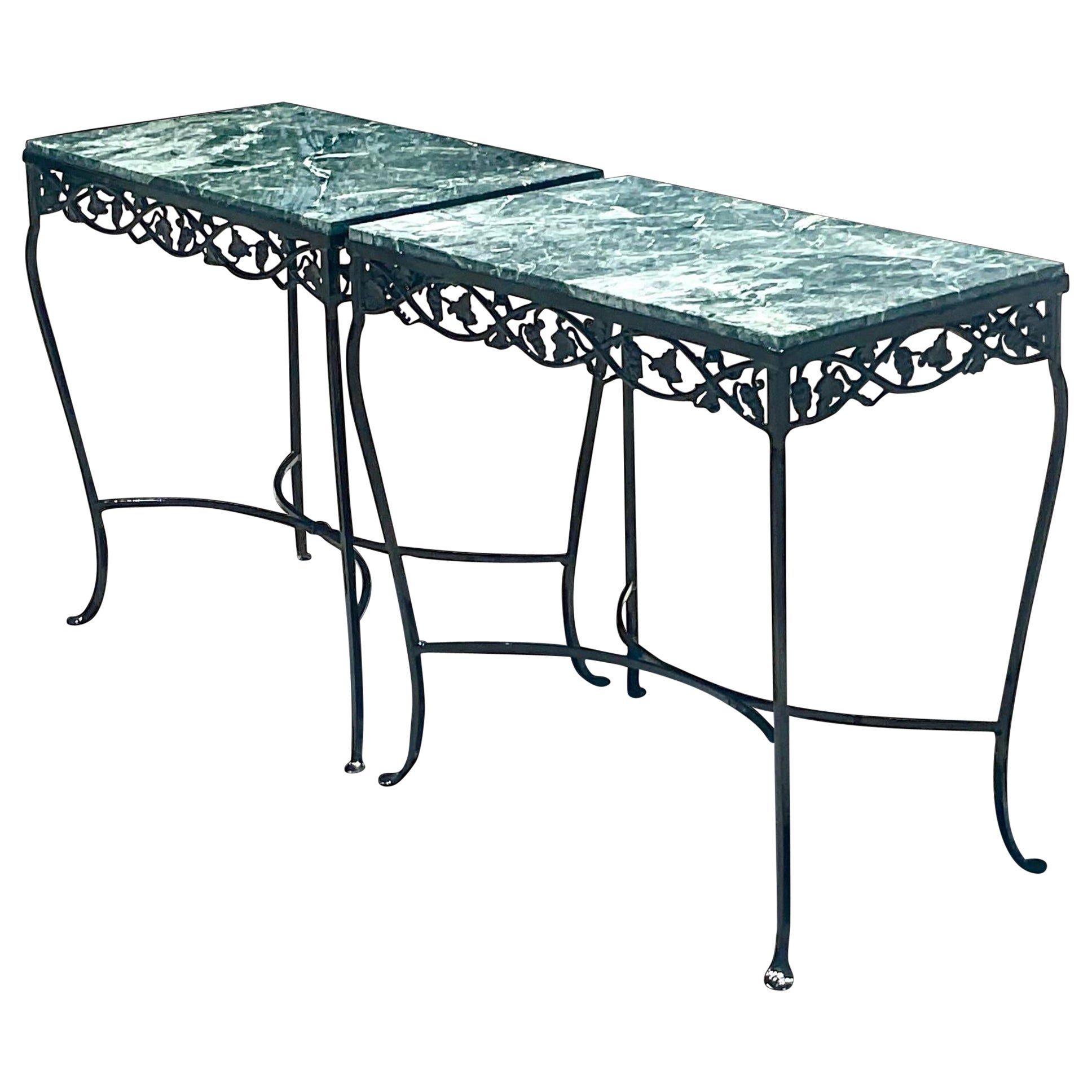 Vintage Regency Green Marble Wrought Iron Console Tables - a Pair For Sale
