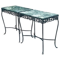 Antique Regency Green Marble Wrought Iron Console Tables - a Pair