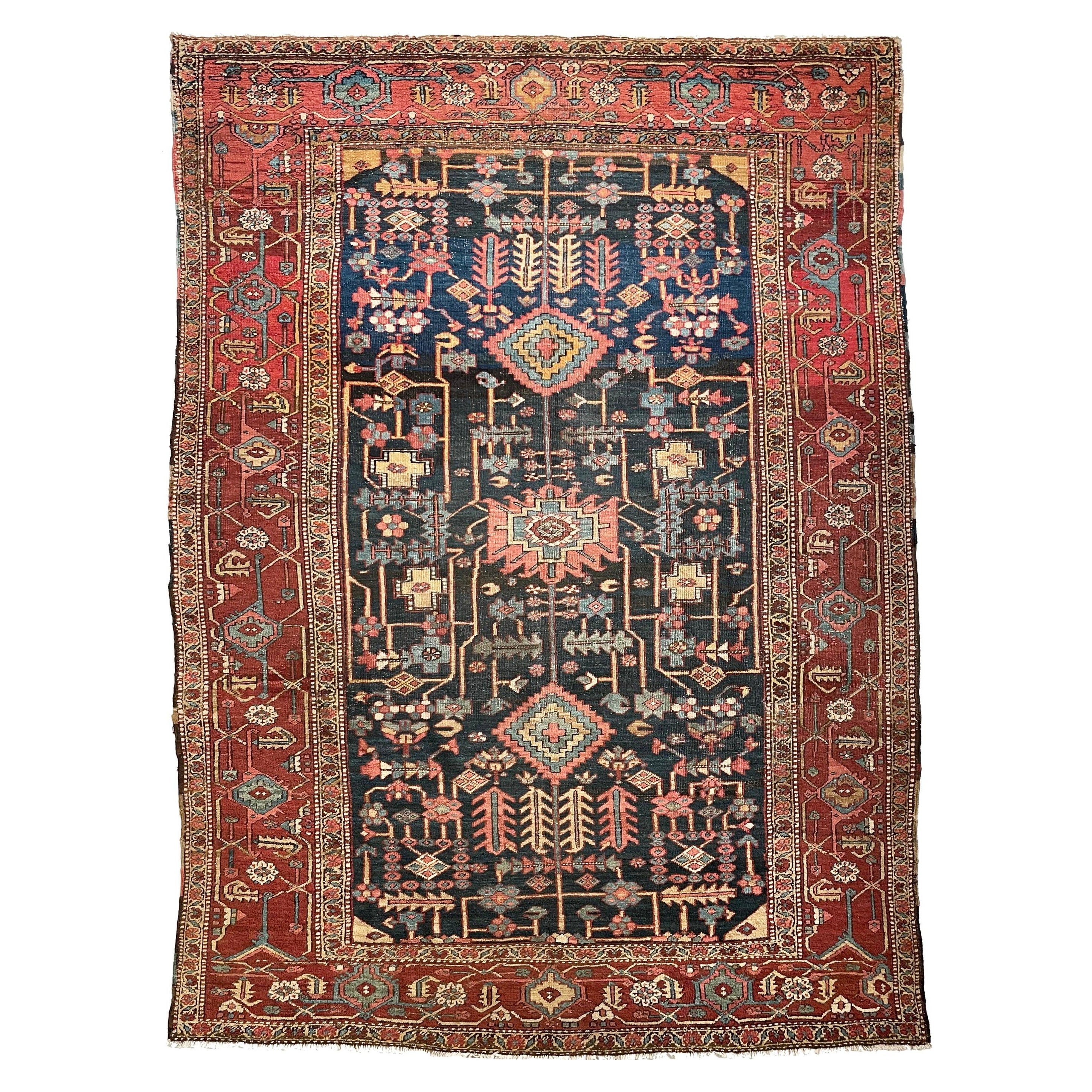Antique Rare Design with Color Palette 1-of-1 Persian Heriz Rug, circa 1920's For Sale