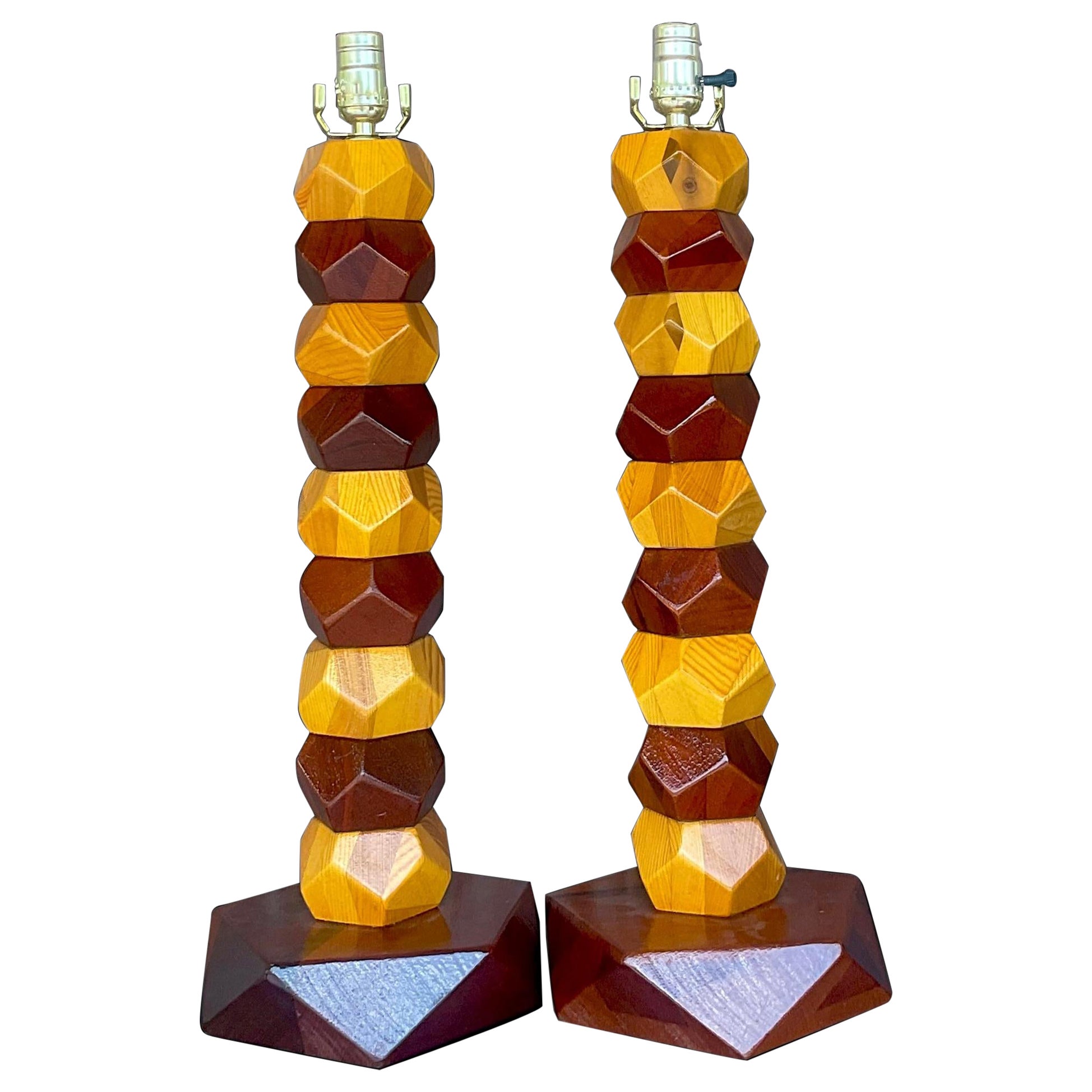 Vintage Boho Stacked Faceted Wood Block Lamps - a Pair For Sale