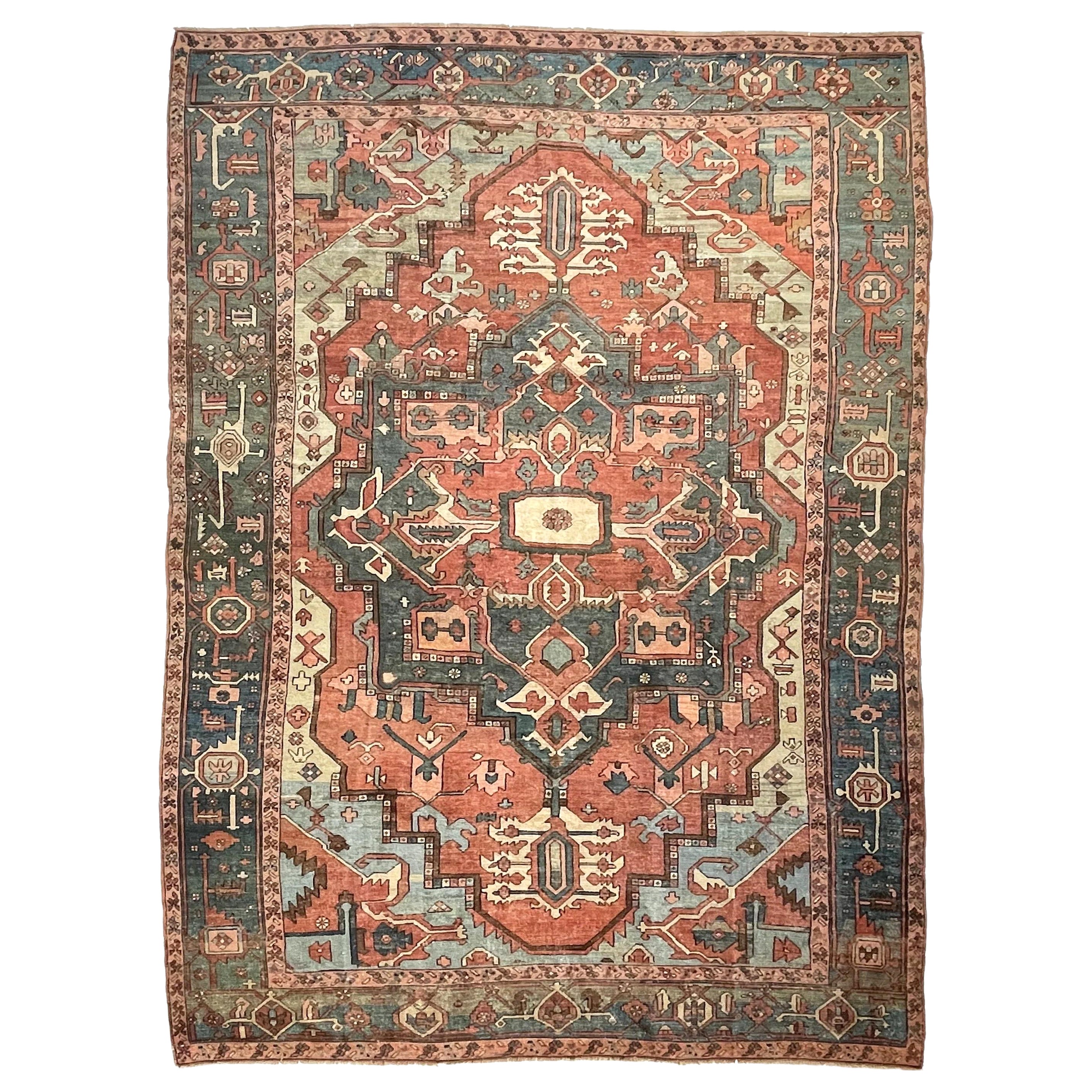 Antique Persian Green And Terracotta Serapi Carpet Rug, circa 1880-1900's For Sale