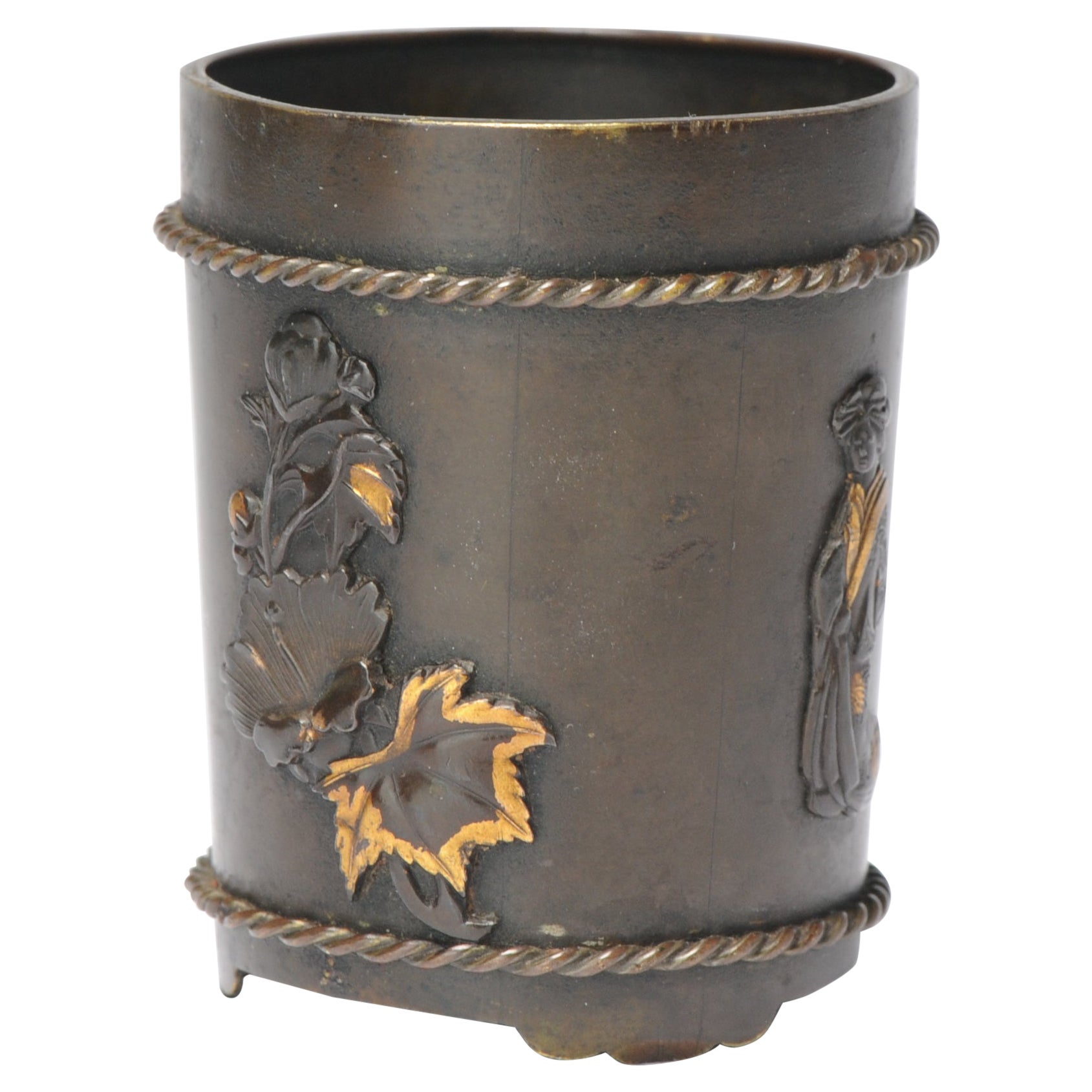 Antique Japanese Bronze Meiji Jar with Quails & Figure, 19th Century For Sale