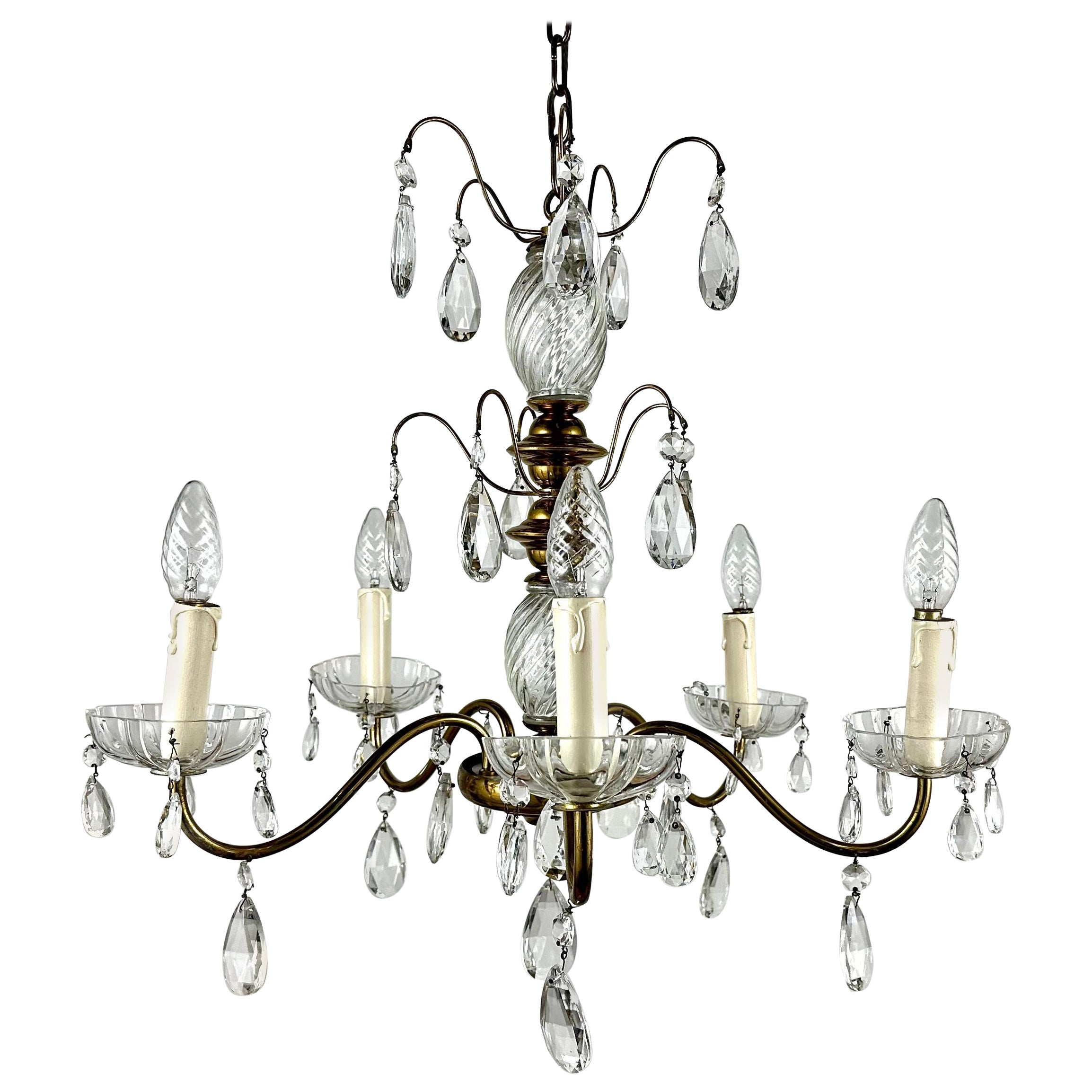 Antique Crystal and Gilt Brass Chandelier 1920s, France