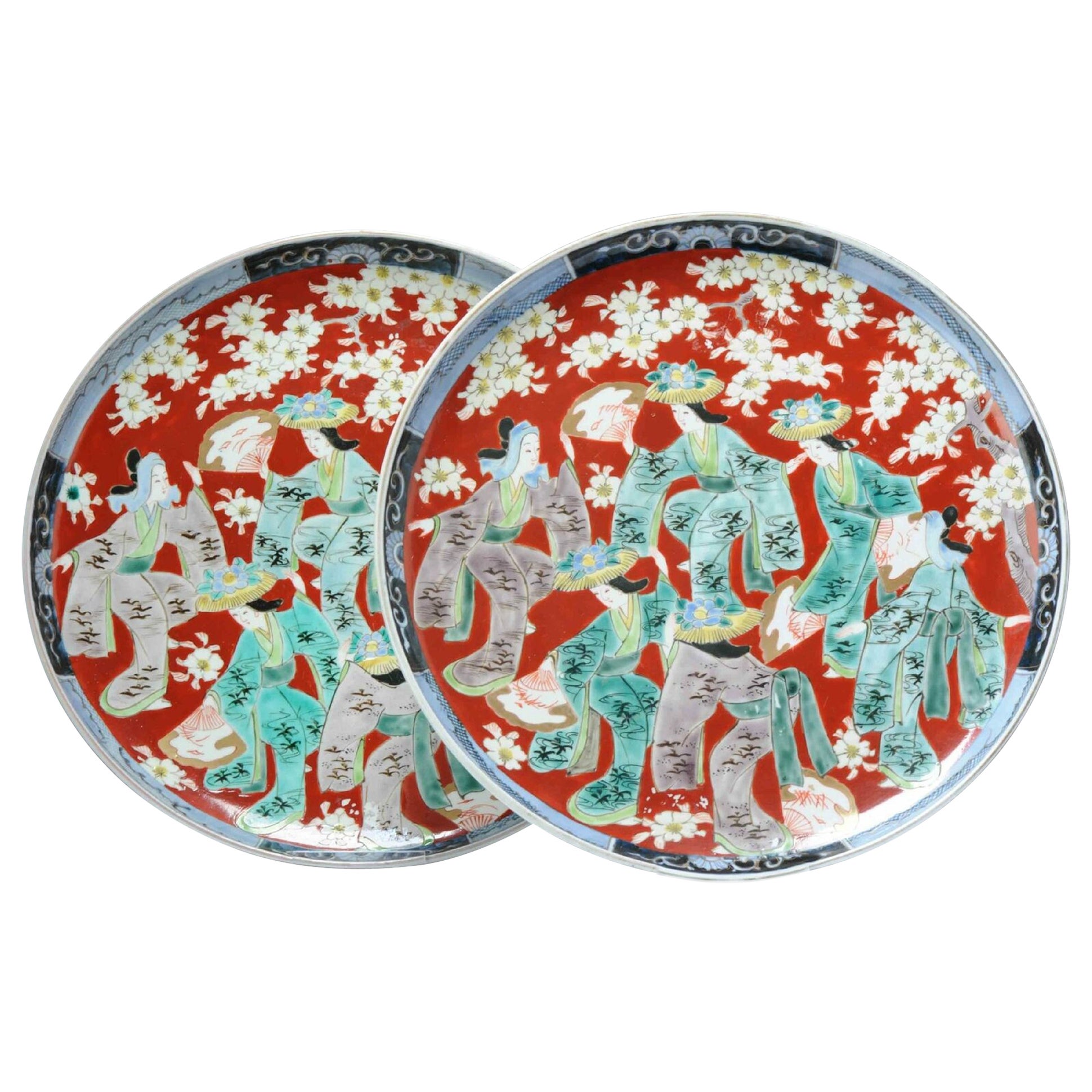 Pair of Antique Japanese Arita Chargers with Ladies in a Garden, 19th Century For Sale