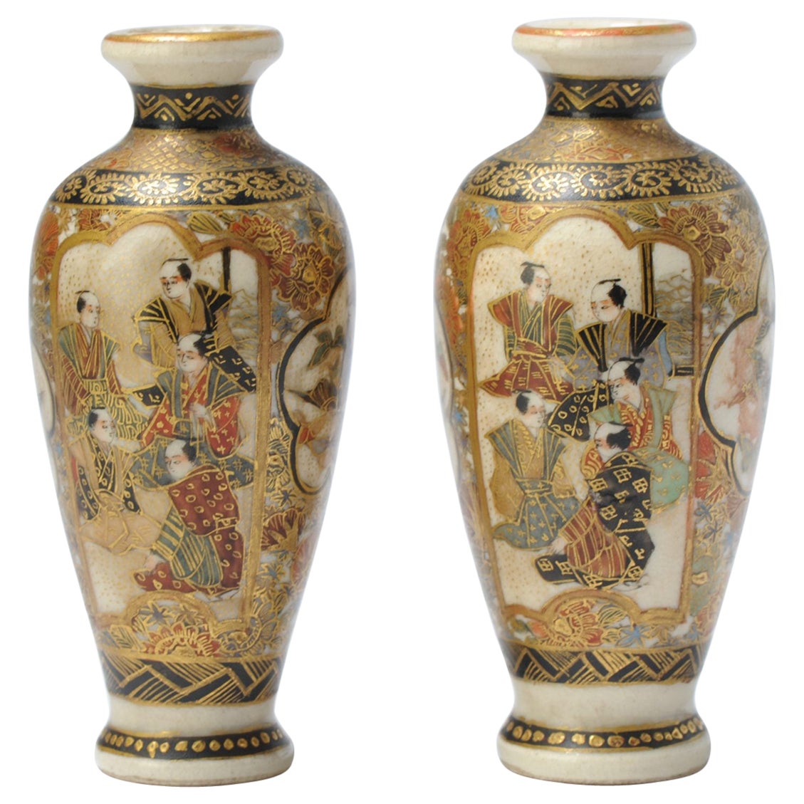 Pair of Antique Beautiful Japanese Satsuma Vases Landscape Figures, 19th Cen