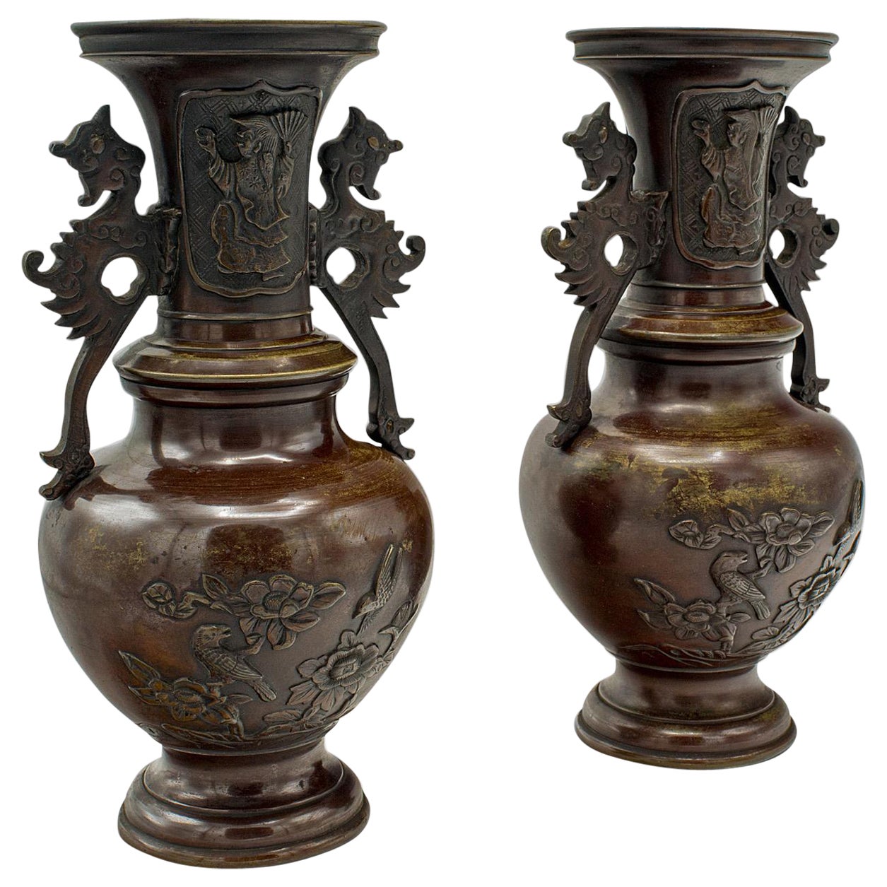 Pair Of Antique Decorative Urns, Japanese, Bronze, Vase, Edo Period, Victorian