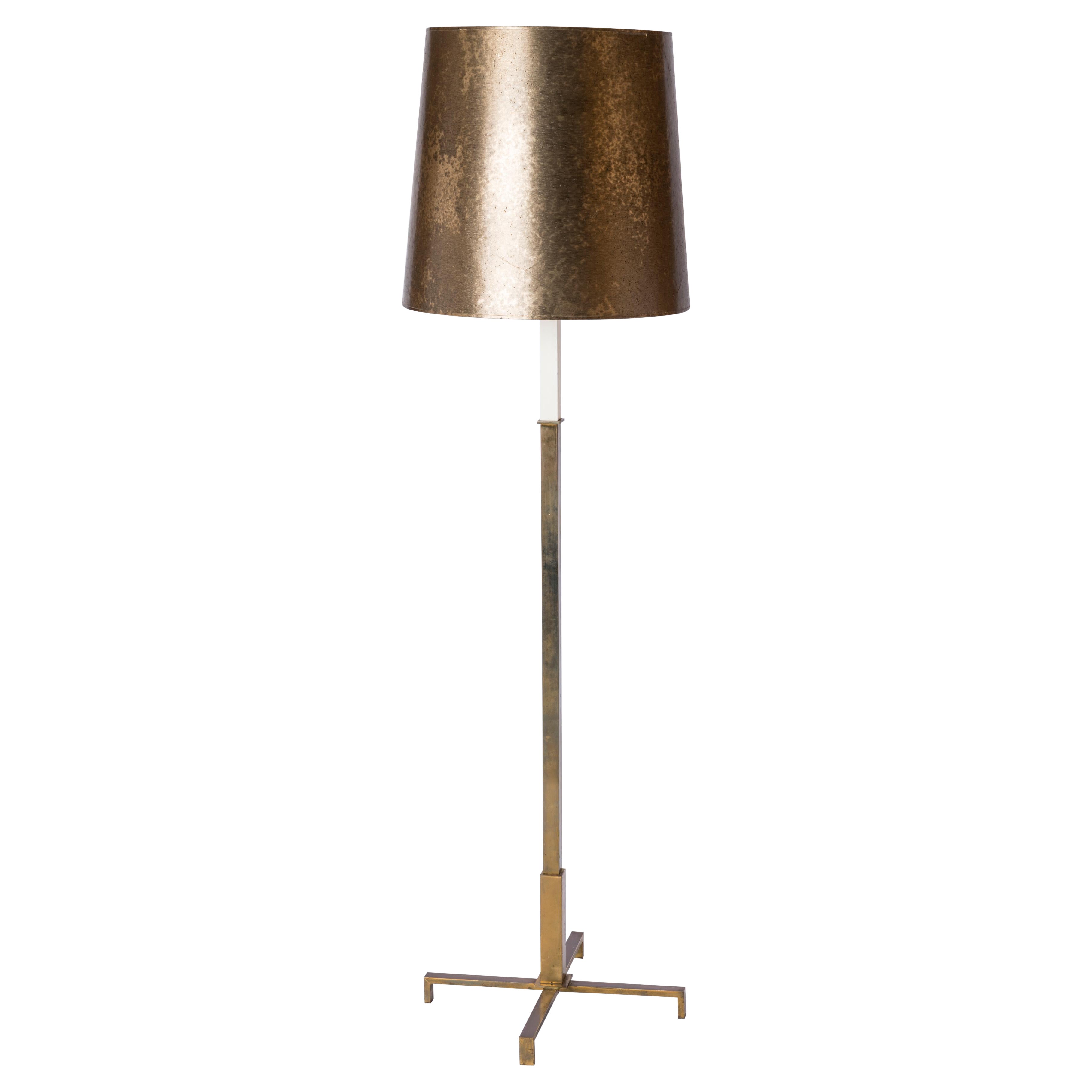 Minimalist Patinated Brass, White Lacquer & Opaline Floor Lamp - Germany 1970's For Sale