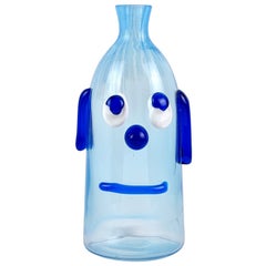 Fratelli Toso Murano Midcentury Blue Face Italian Art Glass Bottle Flower Vase