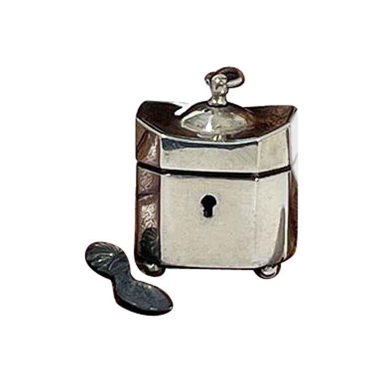 Boîte à thé en argent pour maison de poupée miniature hollandaise du 19e siècle.