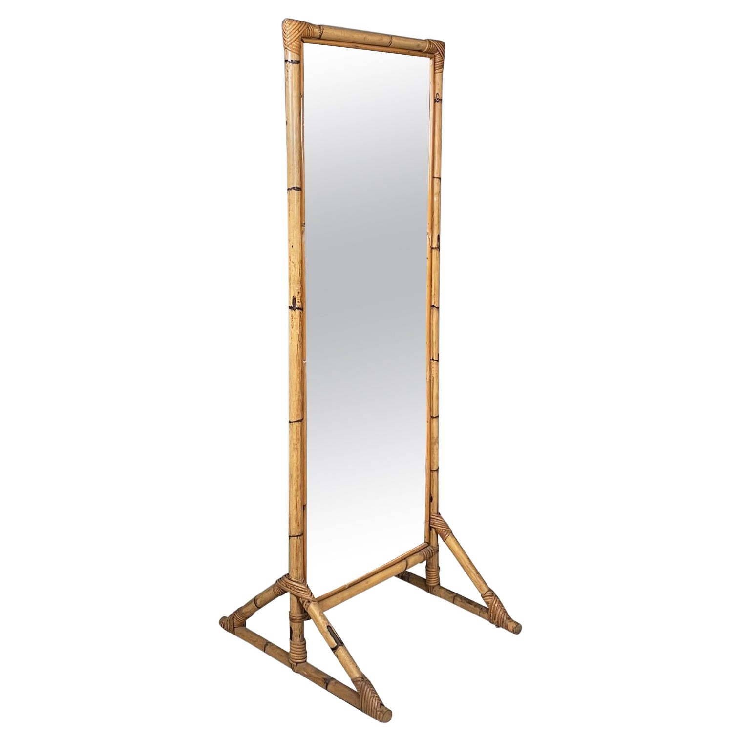 Italian mid-century modern Floor freestanding full-length rattan mirror, 1960s For Sale