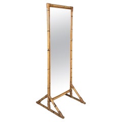 Used Italian mid-century modern Floor freestanding full-length rattan mirror, 1960s