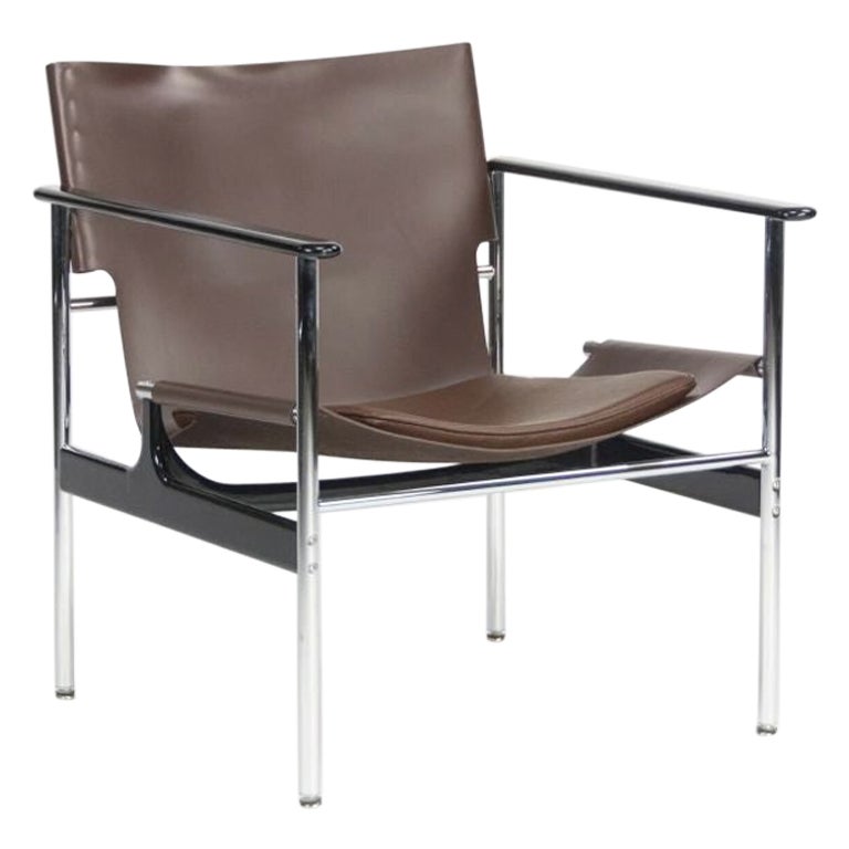 2020 Charles Pollock für Knoll Sling Arm Chair in Brown Leder und Chrom # 657