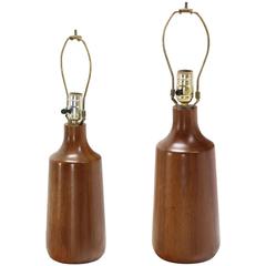 Pair of Heavy Turned Teak Bases Tables Lamps 5