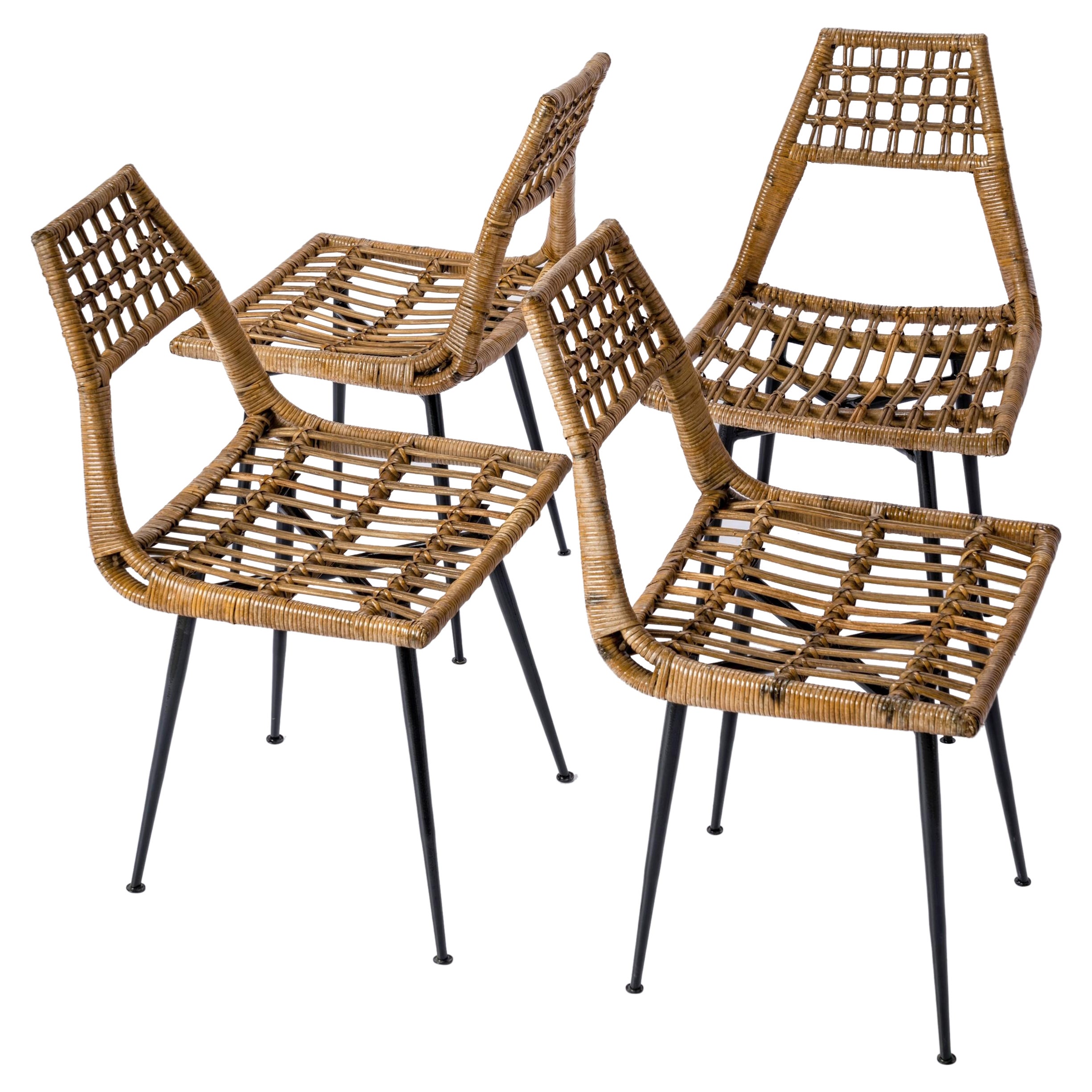 Four Rattan & Black Enameled Steel Chairs by Lucien Carrier - France 1950s For Sale