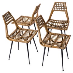 Four Rattan & Black Enameled Steel Chairs by Lucien Carrier - France 1950s