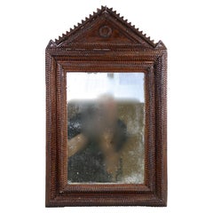 Rustic Tramp Art Wall Mirror With Original Mirror, Handcarved, Austria ca. 1860