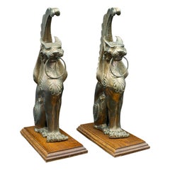 Pareja De Estatuas Antiguas De Gato, Italianas, Bronce, Grand Tour, Tope De Puerta, Victorianas