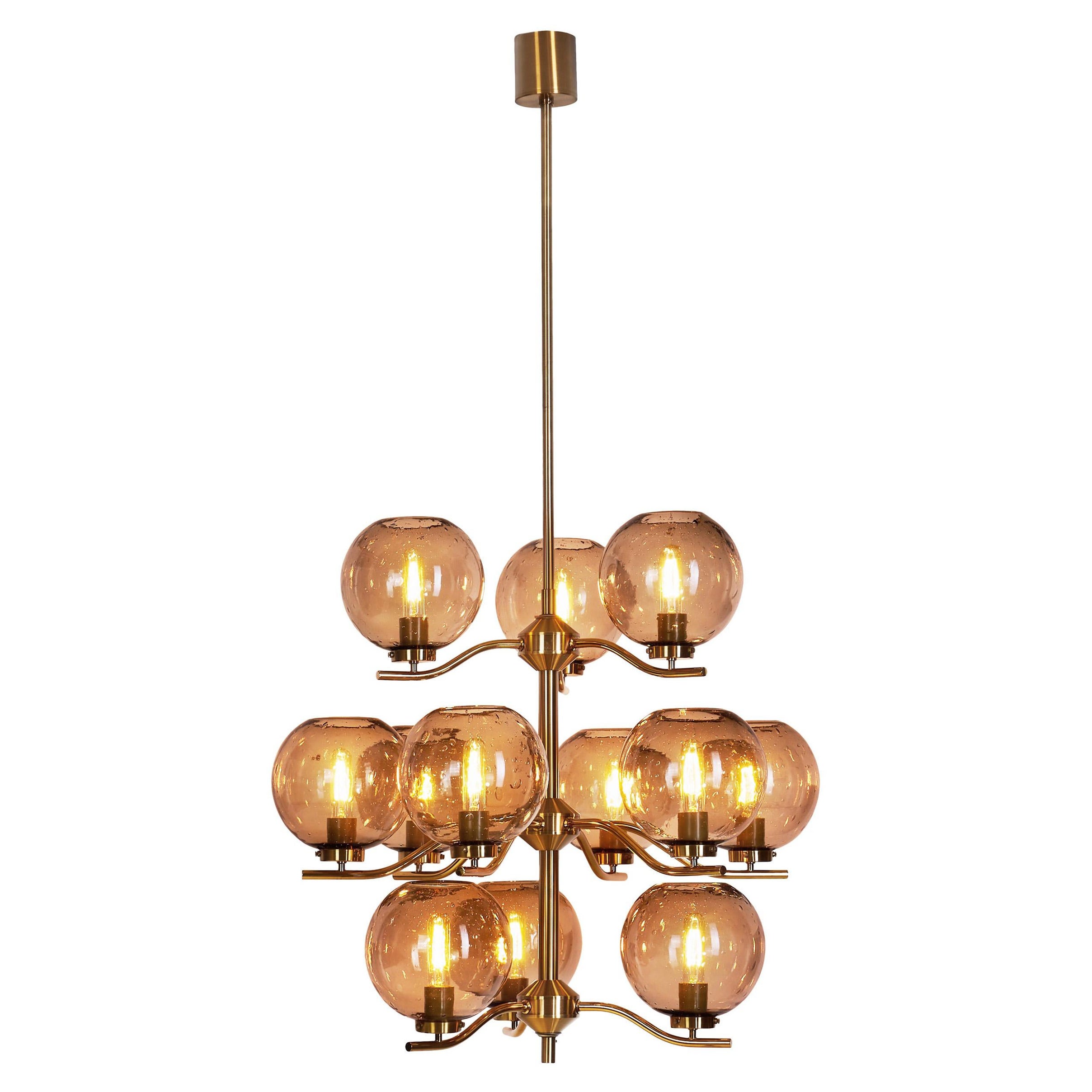 Holger Johansson Brass Chandelier with 12 Glass Shades for Westal, Sweden 1970s