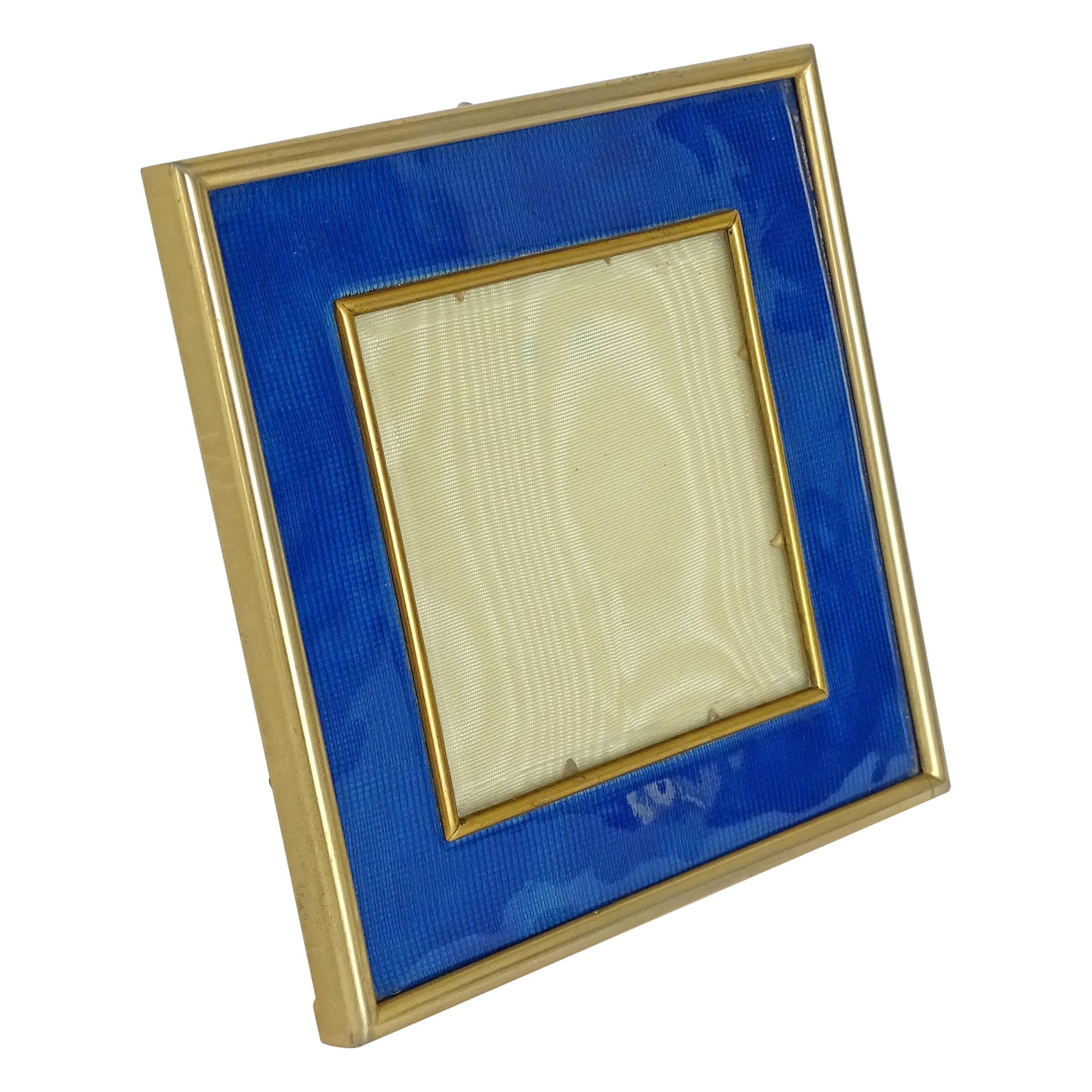 Petit cadre de table italien des années 1940 en métal doré et émail bleu en vente