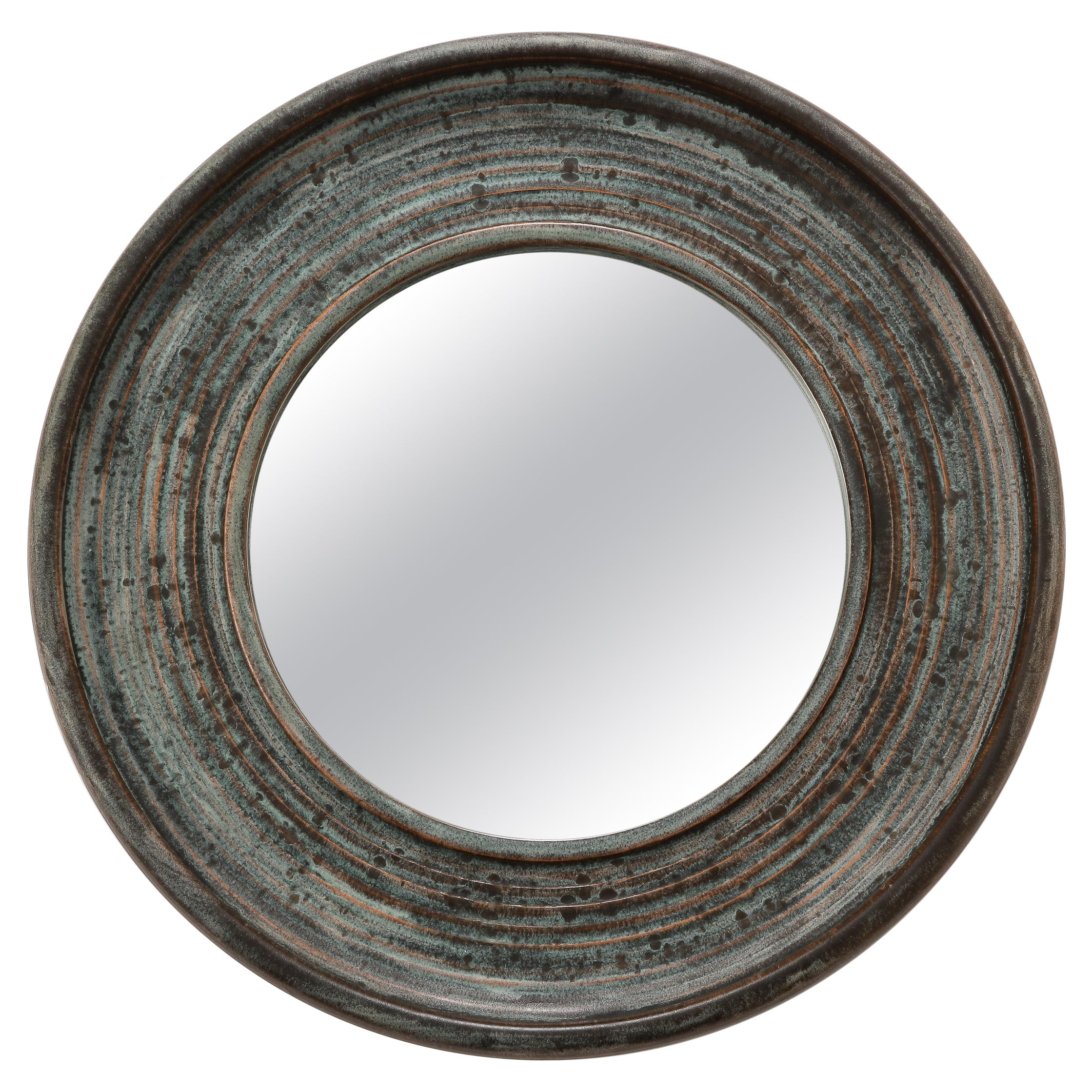 Round Petite Signed Blue and Grey Ceramic Wall Mirror - France 1970's For Sale
