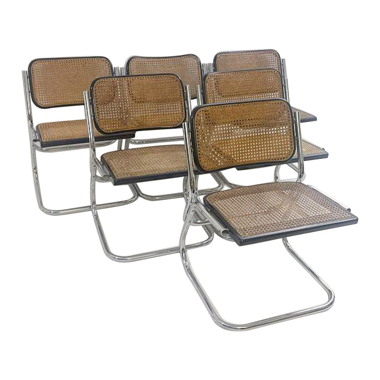 Mid-Century Modern Set of 6 Cane Chairs, 1970s For Sale