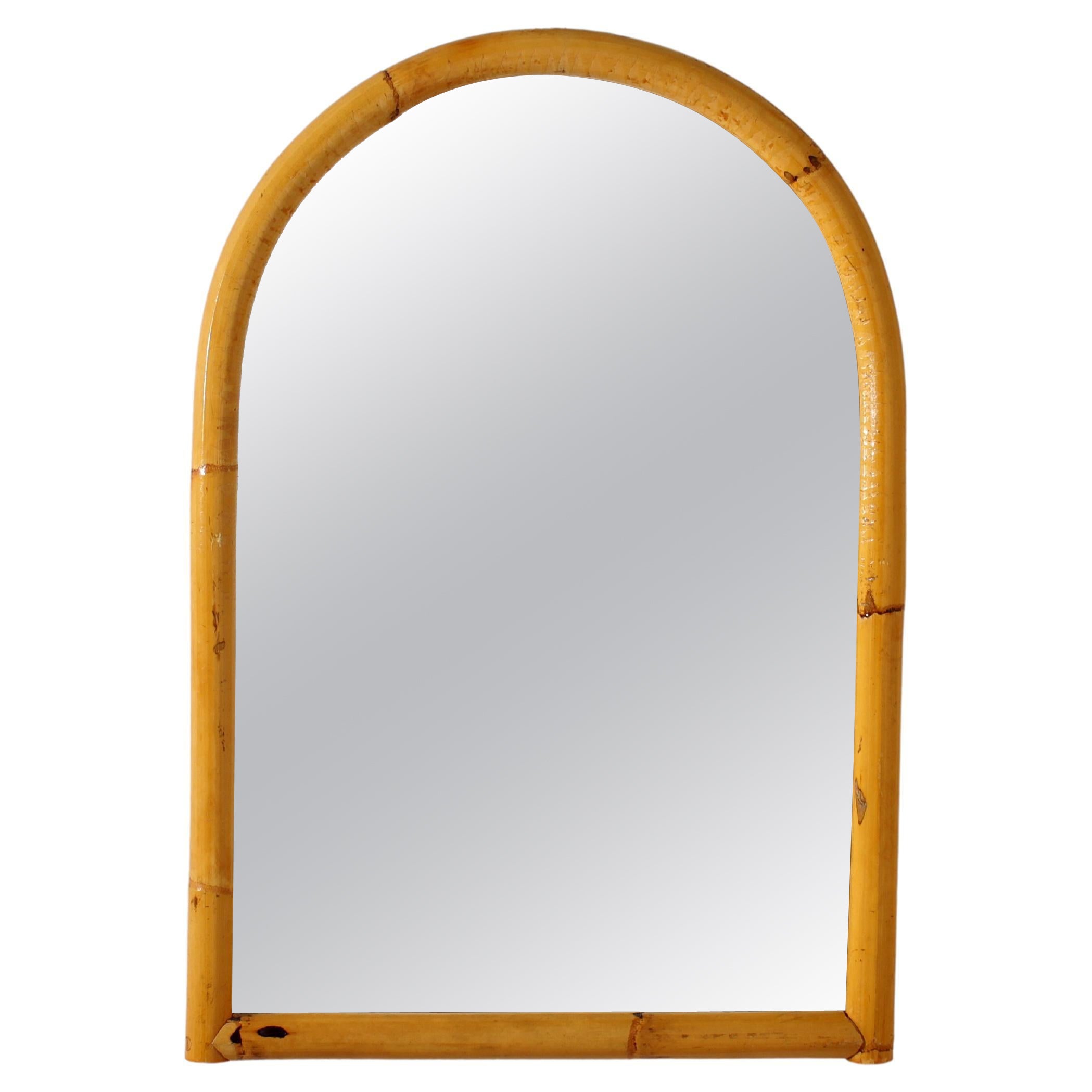 Mid-Century Bonacina Style Bamboo Cane Arched Wall Mirror, 60s Italy For Sale