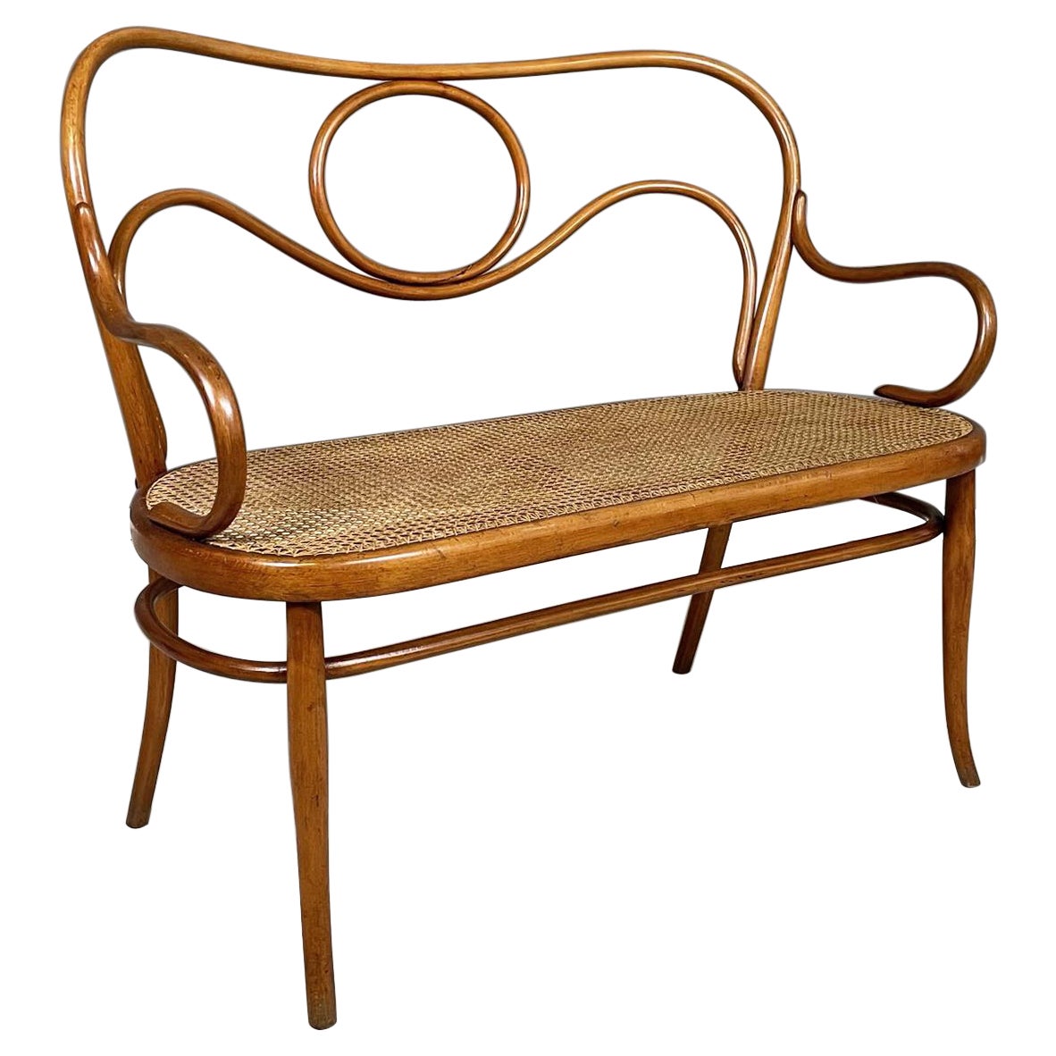 Austrian antique Wooden and Vienna straw two-seater bench by Thonet, early 1900s