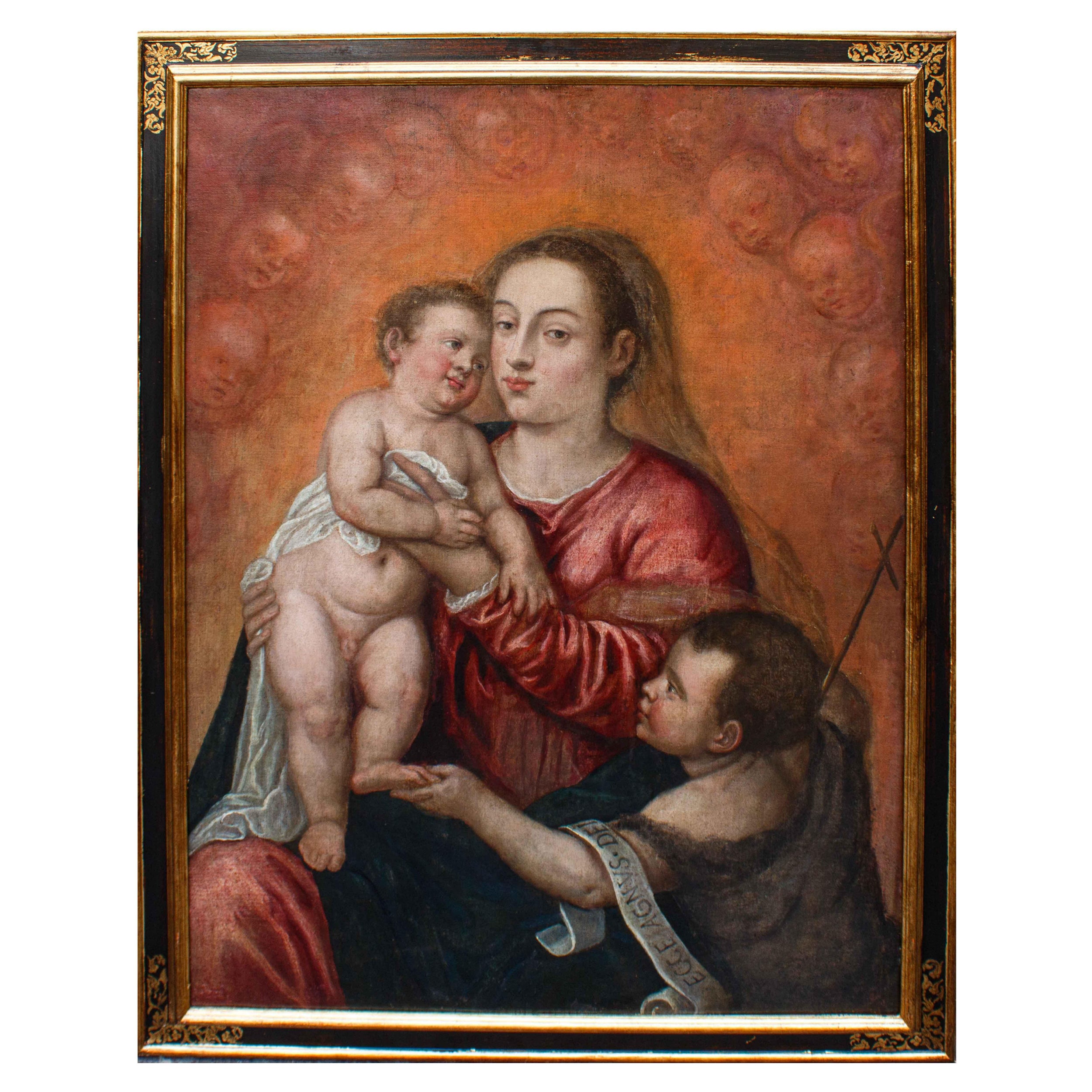 Madonna und Kind mit Johannes Öl auf Leinwand Schule von Tizian im Angebot