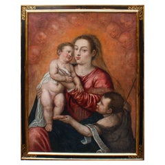 Madonna und Kind mit Johannes Öl auf Leinwand Schule von Tizian