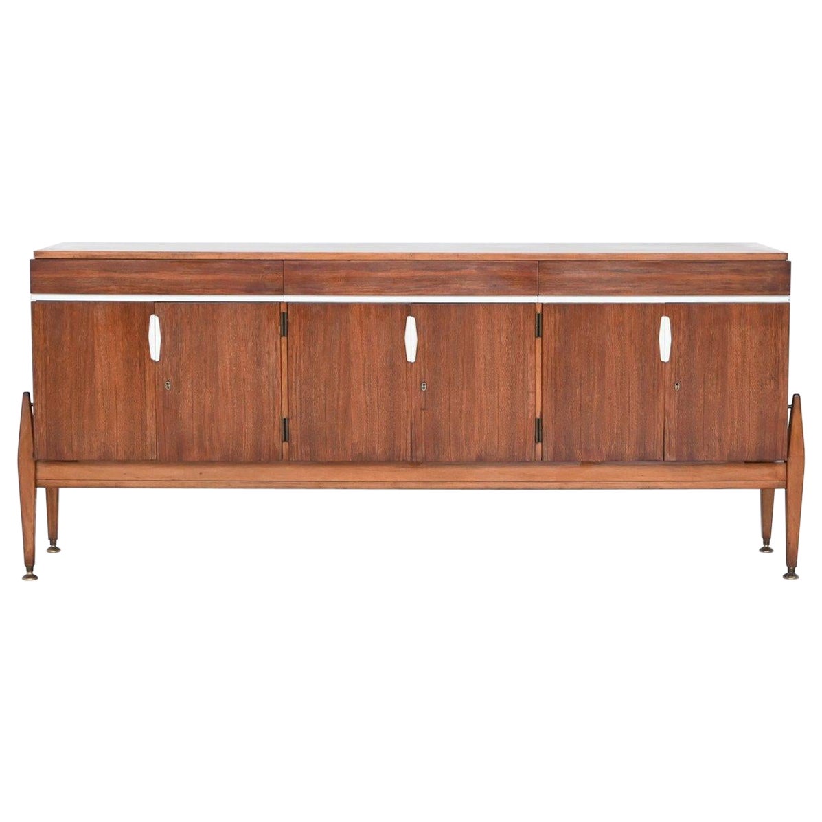 French symmetric sideboard walnut and brass France 1960