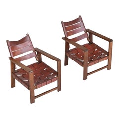 Pair of brutalist lounge chairs teak and leather France 1960