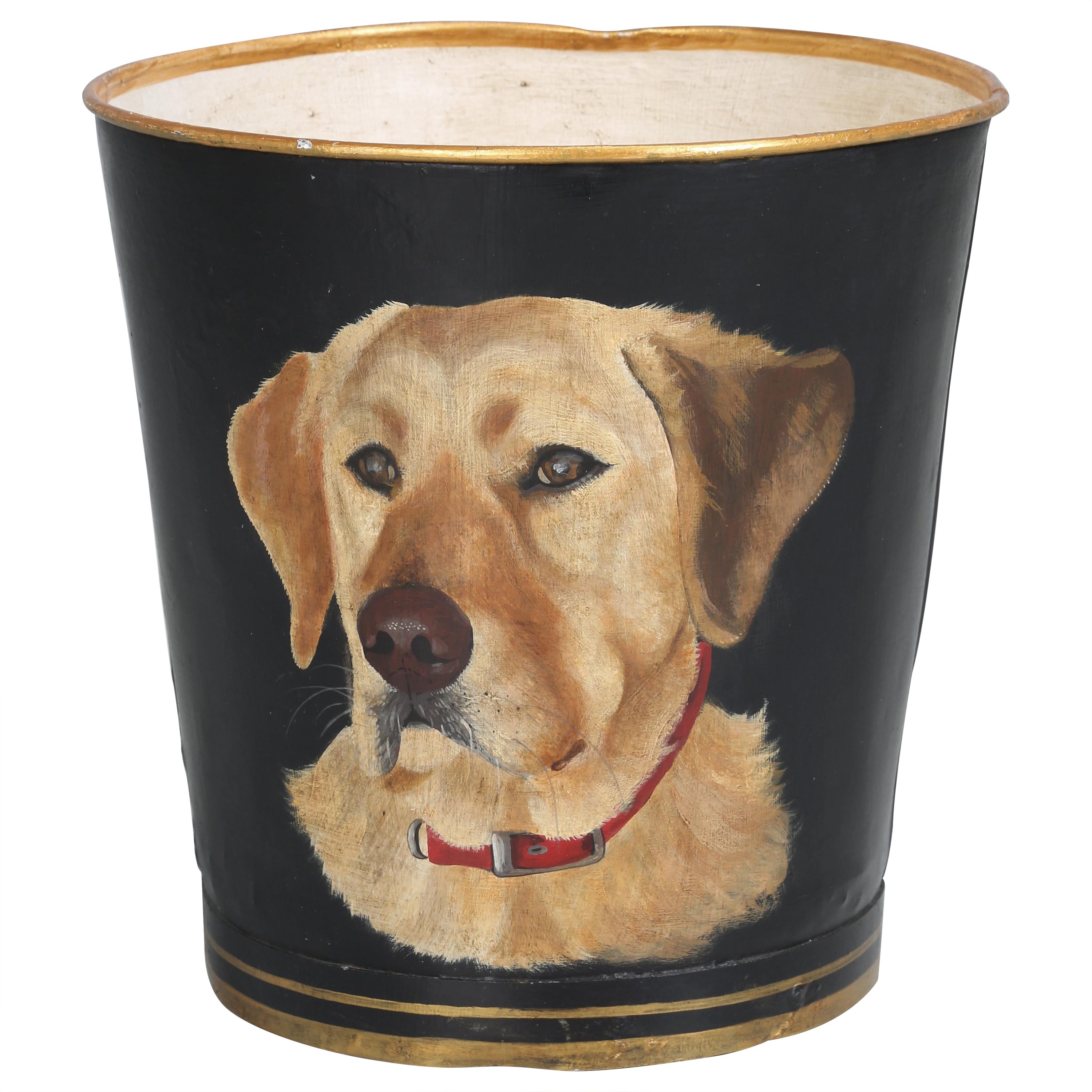 Old English Bucket Repurposed with a Hand-Painted Scottish Golden Retriever  For Sale